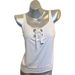 Michael Kors Womens Tankini Swimsuit Top Small White Gold Grommet Lace Up NEW